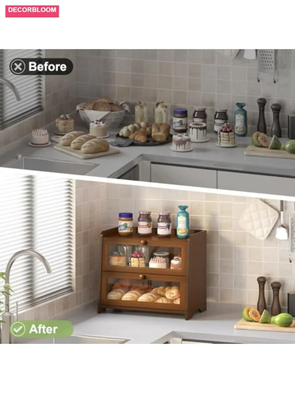 Double Layer Bamboo Bread Box with Acrylic Window, Large Kitchen Countertop